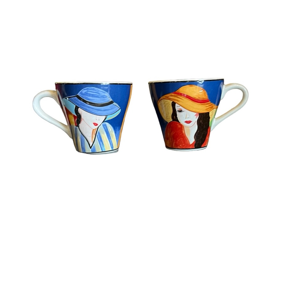 2 Sango Cafe Paris #4914 Porcelain 9oz Vivid Colors Ladies w/Hats Cup Mug